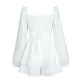Women's Autumn Ruffled Dresses White Mini Dresses Square Neck Lantern Sleeve Long Sleeve Flounced Edge Casual Dress Female