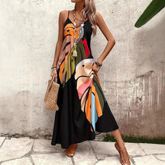Voguable summer fashionable vacation comfortable casual print V-neck suspender long dress all-match voguable