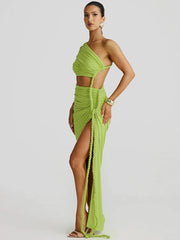 Off-shoulder Thigh High Split Sexy Maxi Dress For Women Fashion Strapless Sleeveless Ruched Bodycon Club Party Dress voguable