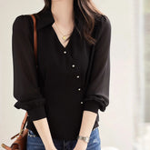 Voguable Spring and Autumn Women's Solid Half Open Collar Long Sleeve Single Treated Shirt Office Lady Korean Fashion Casual Tops voguable
