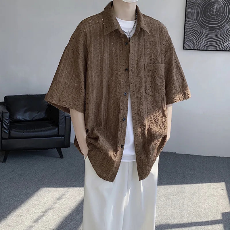 Summer Short Sleeved Shirt Men Casual White Shirt Men Streetwear Hip-hop Loose Hollow Shirt Mens Hawaiian Shirt Plus Size 5XL voguable