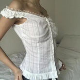 Voguable French Style Button-up Tank Top Women Chic Elegant Ruched Lace Stitching Slash Neck Camisole Cute Slim-fit Vest Y2K voguable