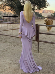 Backless Ruffled Sexy Maxi Dress For Women Gown Fashion O Neck Long Sleeve Thigh High Split Evening Long Dress Elegant voguable