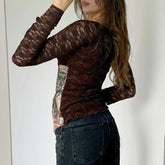 Brown Transparent Lace Sleeve Crop Top Grunge y2k Floral Print Square Collar T-shirt Women Retro Shirt Vintage 2000s Tees voguable