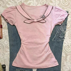 Voguable Y2K Style Vintage Kawaii Light V-Neck Short Sleeve T-Shirt Summer New Arrivals Slim Fit Harajuku Tops Trendy Casual Daily voguable