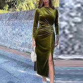 Voguable Chic O-neck Velvet Long Sleeve Split Dress Fashion Solid Color Slim Pleat Evening Dress Temperament Lady Irregular Banquet Dress voguable