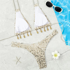 Voguable Sequin Shell Swimwear String Halter Sexy Micro Bikini Thong Set Swimsuit Women Metal Ring Bathing Suit Bikinis De Mujer voguable