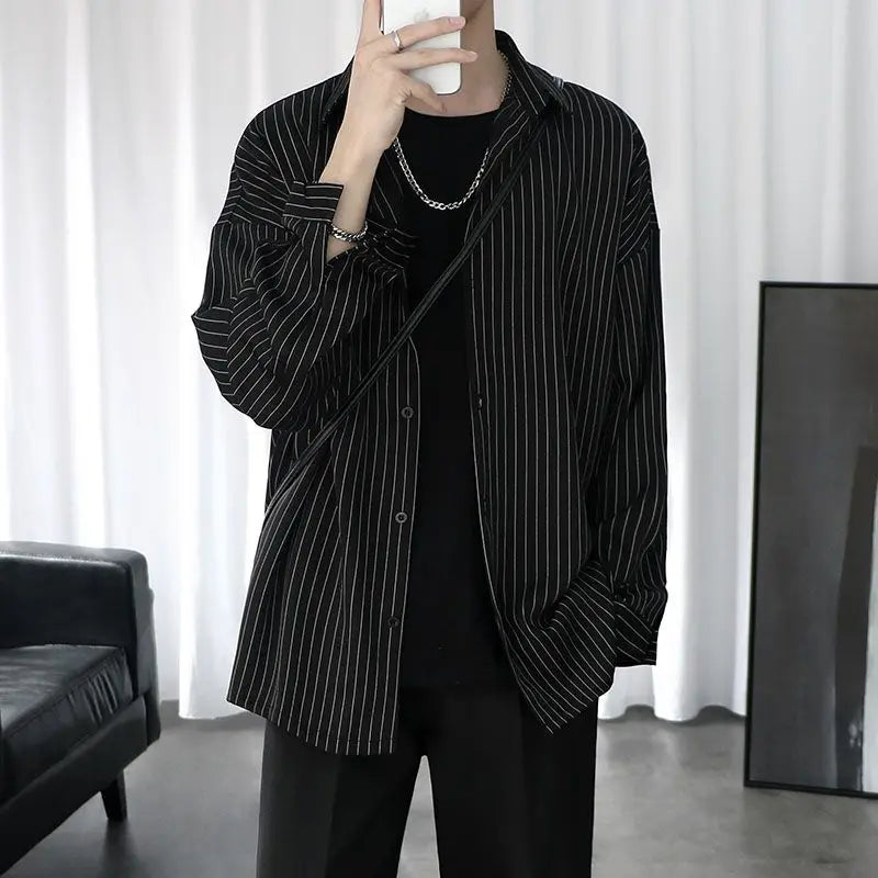 Spring Autumn New Fashion Turn-down Collar Long Sleeve Striped Blouse Men's Clothing Pockets Button Japanese Style Trend Shirts voguable
