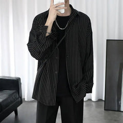 Spring Autumn New Fashion Turn-down Collar Long Sleeve Striped Blouse Men's Clothing Pockets Button Japanese Style Trend Shirts voguable