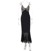 Voguable Lace Splice Maxi Dresses For Women Sexy Deep V Neck Mesh Slim Dress Woman Temperament Clubwear Party Evening Dress Femme lollapalooza outfit spring outfits voguable