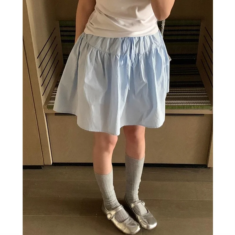Cotton Casual Short A-line Skirt for Women High Waist Blue Elastic Waist Tie bow Sweet Loose Sports Skirt with Safety Shorts voguable