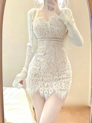 Voguable  Autumn Elegant Lace Clothing Suit Woman Korean Fashion 2 Piece Set Slim Y2k Mini Dress + Casual Short Cardigan Office Lady voguable