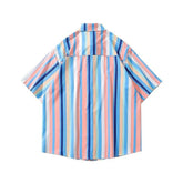Voguable American Fashion Striped Contrast Printed Short-sleeved Shirt Korean Version Summer Loose And Versatile Couple Shirt Jacket voguable