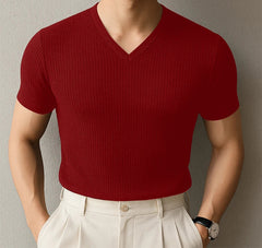 2025 Men's T Shirt Solid V Neck Short Sleeve Summer Streetwear Casual Male Tee Tops Korean Style Fashion Men Clothing voguable