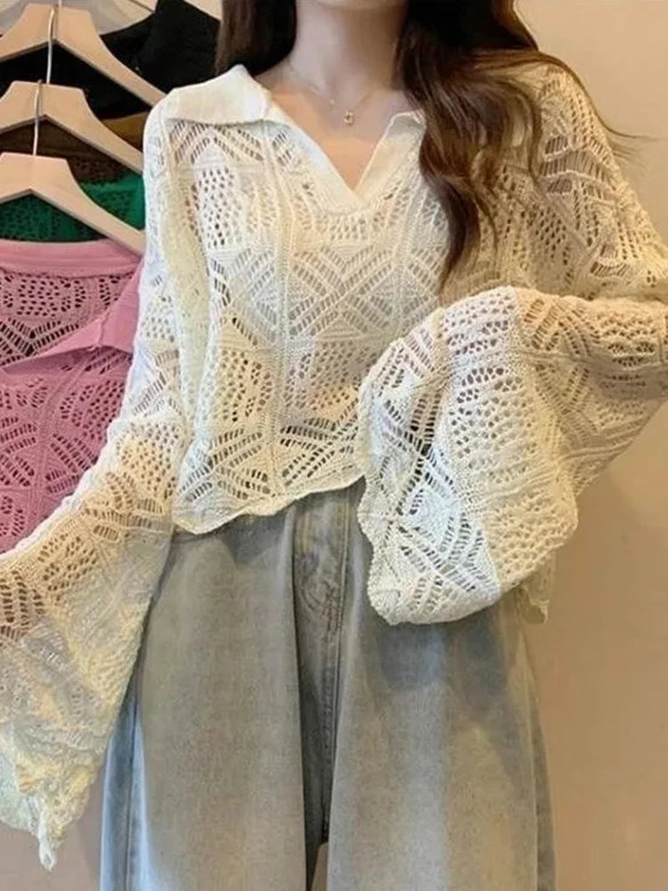 Voguable Sexy Hollow Out Women Knitted Crop Tops Fashion Korean Flare Sleeve Pullover Sweater Fall Casual Female Tops New voguable