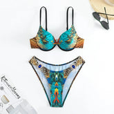 Voguable Green Peacock Print 2-piece Bikini for Women,Summer New,rhinestone Low Waist Thong Swimsuit,underwire V-neck Bathing Suit voguable