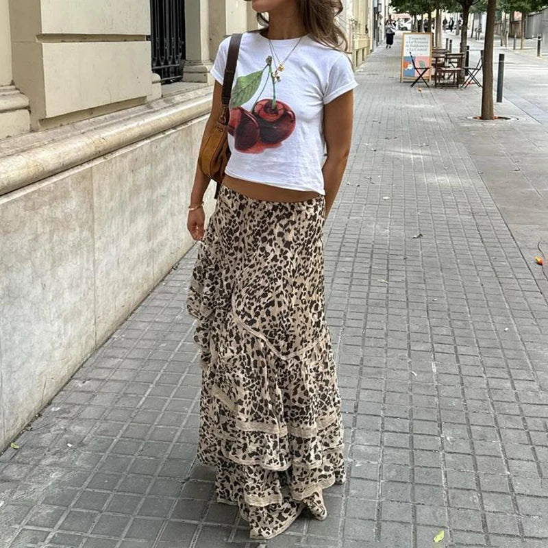 Summer New Leopard Printed Maxi Skirt Women's Ruffled Patchwork Fashion Loose High Waist Bandage Female Club Party Skirt voguable