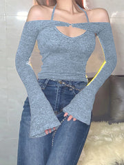 Y2K Top Women Long Sleeve T-Shirts 2 Piece Tops Halter Tanks Backless Crop Top Off Shoulder Tees Sexy Christmas Clothes voguable