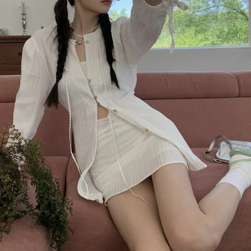 Voguable 2024 Spring New High Street Fashion Sunscreen White Long-sleeved Shirt for Women + Sexy Slim A-line Skirt Two-piece Suit voguable