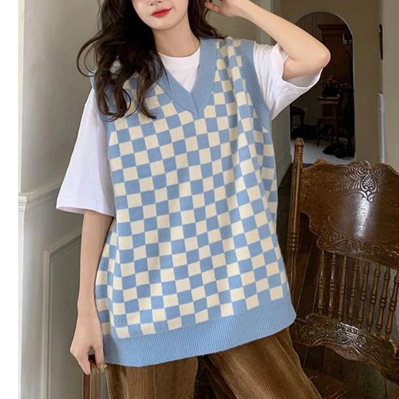 Checkered Sweater Vest Women Blue and White Checkerboard Sleeveless Knit Top Teen-girl Y2K Preppy Style Outfit voguable