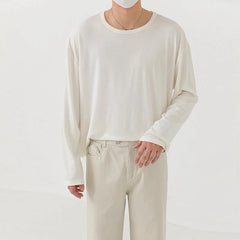 Korean Fashion Men T-shirt Luxury Knitted Solid Color Scoop Neck Long Sleeve Tees Casual Premium Quality Textured Knitwear M-3XL voguable