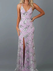 Summer Women'S Clothing Sequin Dress Sexy V-neck Prom Dress Suspender Open Back Lace Up Slit And Ground Evening Pink Dress voguable