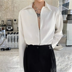 Autumn Men's Clothing Luxury Drooping Zipper Shirts Retro Premium Long-sleeved Solid Color Korean Popular Business Leisure voguable