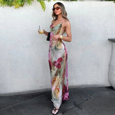 Sexy Printed V-neck Halter Long Dresses Women Retro Sleeveless Backless Side Slit Beach Dress Female Fashion High Street Holiday voguable