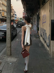 Voguable American Retro Design Feeling Bow Hanging Neck Vest Women's Summer New Suit A-line Short Skirt Two-piece Set Female Clothing voguable
