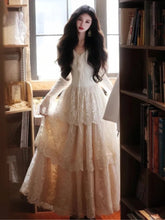 Autumn Women Vintage Lace Long Sleeve Cake Maxi Dress Elegant Sweet V-Neck Long Dress Slim Party Female Clothing Female Outfits voguable