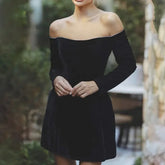 Black Off Shoulder Dress Women's New High Waist Slim Short Dress Sexy Retro Y2k Luxury Party Evening Dress Vestidos
