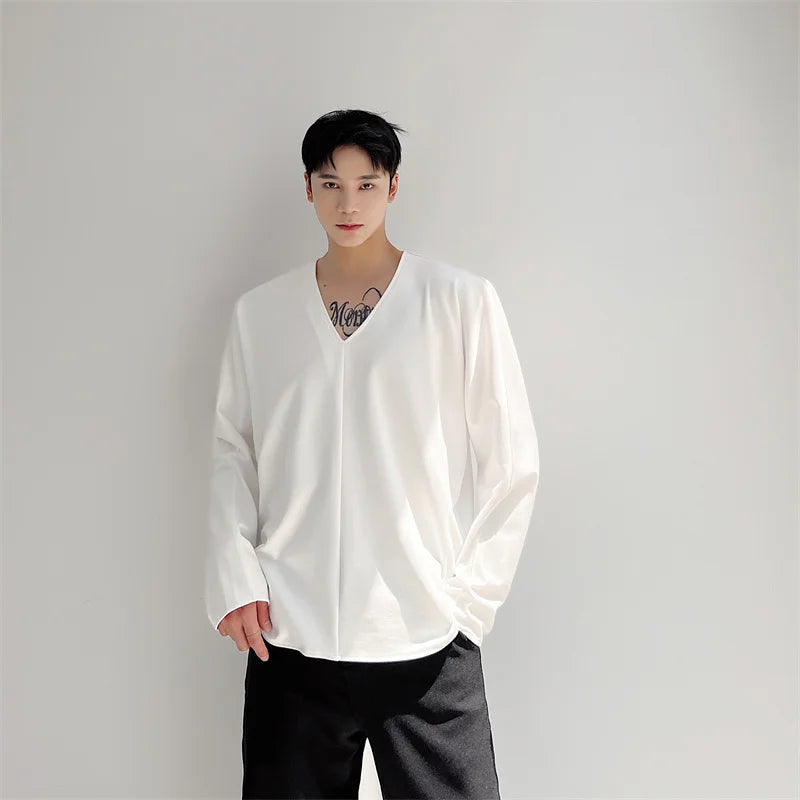 Men Casual T-shirt Long sleeves V neck shirt Solid color Sweatshirt Male Jogging Tracksuit Homme Athletic Shirt Tops