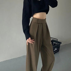 Brown Wide Leg Women's Classic Suit Pants Vintage Palazzo Office Elegant Casual Black Trousers Female High Waist Pants New voguable
