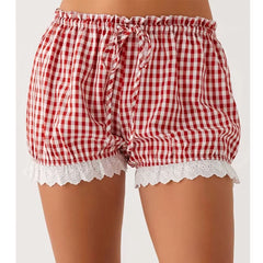 Women Cute Lace Trim Plaid Shorts Low Waist Y2k Pajamas Short Pants Summer Casual Homewear