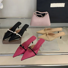 Voguable Spring Design Style Butterfly-knot Woman Slippers Fashion Low Thin Heels Pointed Toe Shallow Ladies Mules Shoes voguable