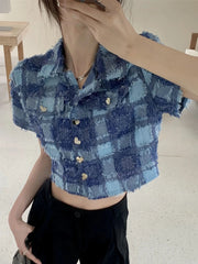 Tassel Cropped Plaid Shirt Women Vintage Streetwear Short Sleeve Sexy Blouse Casual Retro American Summer Short Y2K Tops voguable