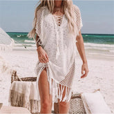 Voguable White Fringe Tassel Knitted Dress Crochet Beach Cover Ups for Women Summer Beachwear Bohemian Cover-ups Tunicas Femininas voguable