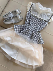 Mesh Patchwork Plaid Dress Women Slim Sweet Fashion Flying Sleeve Mini Dress Chic Lace Ruffles Elegant Korean Lady Vestidos voguable