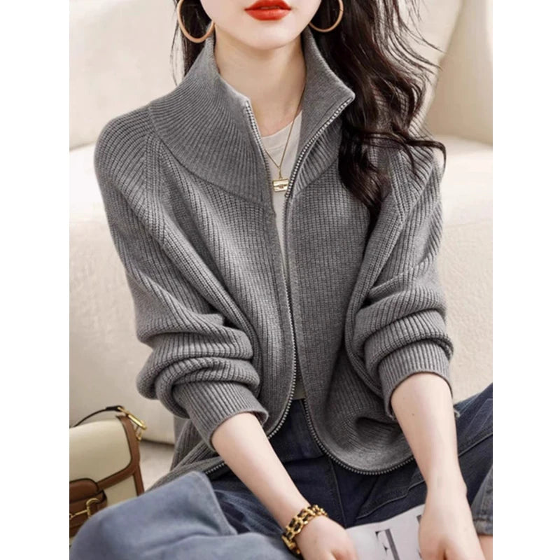 Women's Zip Up Sweater Cardigan Cozy Knit Stand Collar Zipper Front Plain Sweater Jacket Female Korean Chic Fall Winter Outfit voguable