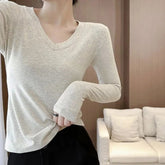 Voguable V-neck Right Shoulder T-shirt Slimming Hot Girl Long-sleeved Top Women Spring Autumn Bottoming Women voguable