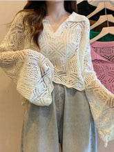 Voguable Sexy Hollow Out Women Knitted Crop Tops Fashion Korean Flare Sleeve Pullover Sweater Fall Casual Female Tops New voguable