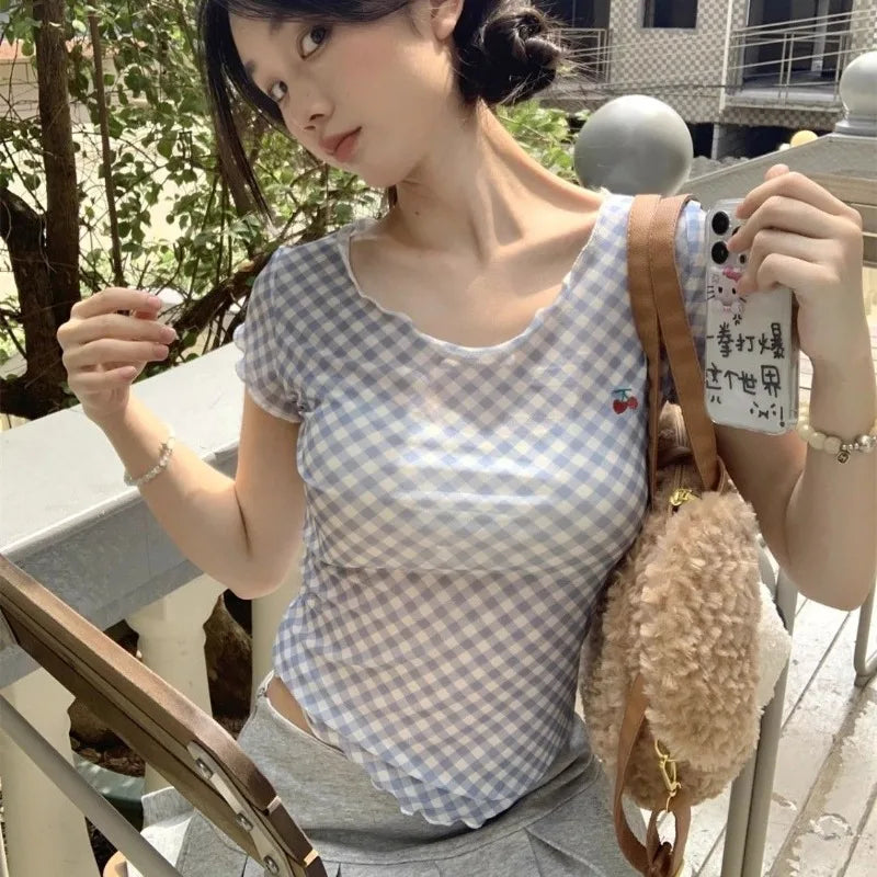 Women Sweet Plaid Skinny Short Sleeve Cherry Embroidery Mesh Slim Crop Top Korean Style Ruffle Edge Transparent Casual T-Shirts voguable