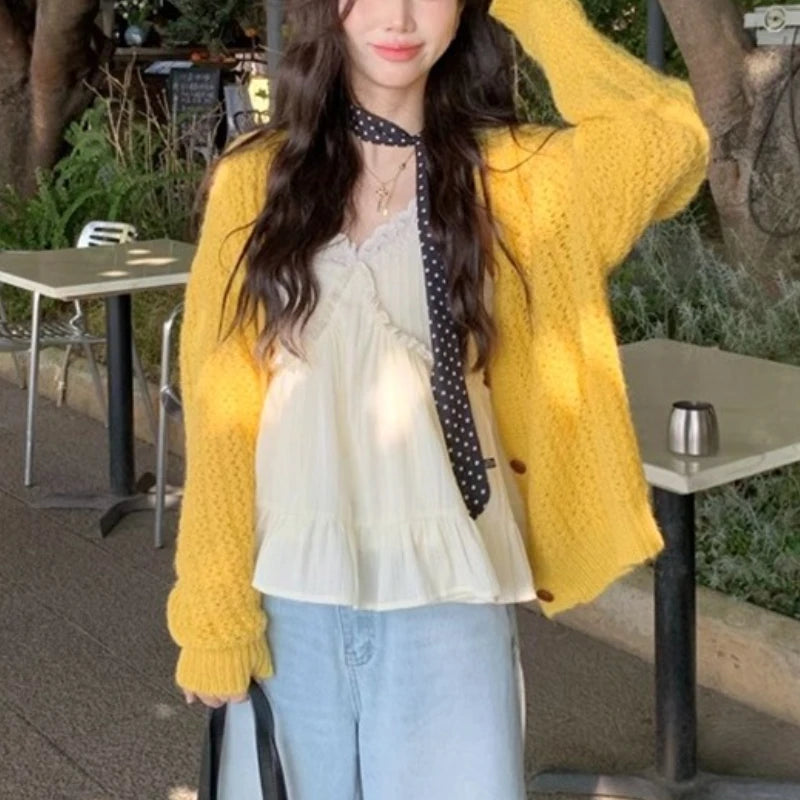 Open Knit Cardigan for Women Long Sleeve V-neck Button Up Sweater Jacket Autumn Winter Ladies Slouchy Casual Outfit voguable