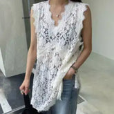 Voguable Women's Brown Lace Sleeveless Blouse V-Neck Hollow Out Longline Casual Top voguable
