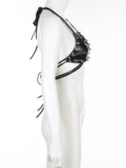 Dark Rivet Bandage Pu Leather Camis Halter Tops Punk Style Gothic Sleeveless Backless Crop Tops Women Streetwear voguable