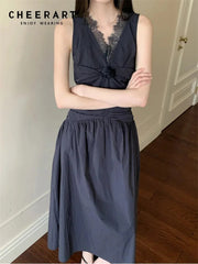 Lace Pathwork Sleeveless Long Modest Dress Summer 2025 Party Evening Dress 2025 V Neck Tunics A Line Midi Dress Clothes voguable