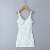 Sexy Women Sweet Floral Print Slim Knit Dresses Sleeveless V Neck Mini Summer Dress Beautiful Girl Holiday Robe