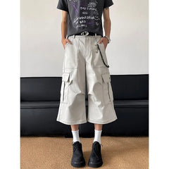 Summer Casual Pants Men Retro Pocket Cargo Pants Men Japanese Streetwear Hip-hop Loose Wide Leg Pants Mens Cropped Trousers voguable