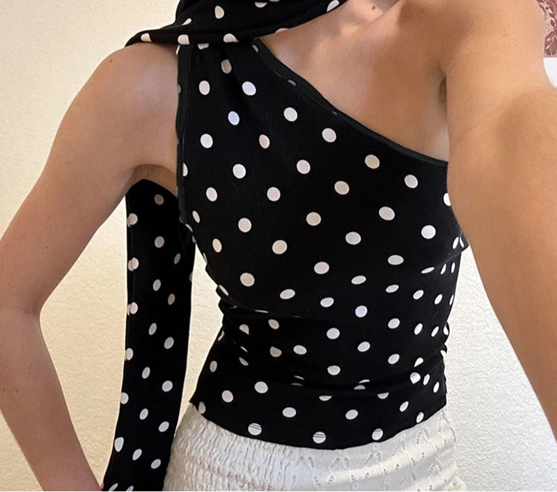 Asymmetrical Polka Dot Tank Top with Scarf Chic Sleeveless Skinny Black Cropped Tops Women Casual Streetwear Tee y2k Vest voguable