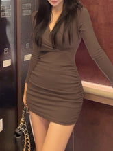 Brown V-Neck Knitted Wrap Ruched Dress mysite